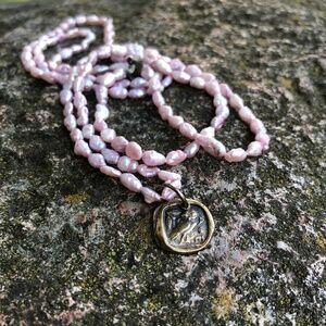 NWOT Long rose faux pearl necklace w/ antiqued brass coin pendant